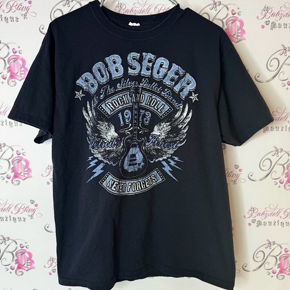 Bob seger tee shirt top blue rock and roll concert silver Black Graphic T-Shirt